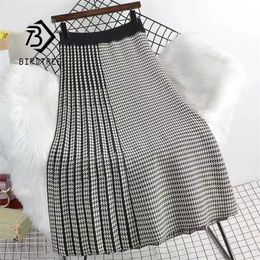 Autumn Winter Women Houndstooth Patchwork 80cm Midi Skirts Elastic High Waist Pleated Vintage Casual Fashion Skirt Lady B17702X 220317