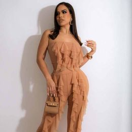 Women's Two Piece Pants Summer Ruffles Mesh Set Women Clubwear Strapless Crop Top And Loose Beach Sexy 2 Sets Womens OutfitsWomen's