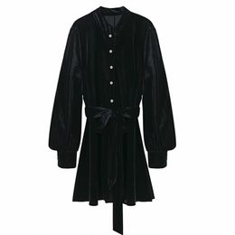 Women Spring Autumn Velvet Mini Dress Long Sleeve Sashes Bow Tie Buttons Solid Female Elegant Shirts Dresses Vestidos 210513