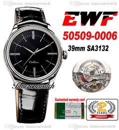 EWF Cellini Time 50505 SA3132 Automatic Mens Watch 39mm Fluted Double Bezel Black Dial Stick Leather Strap Super Edition Same Series Warranty Card Timezonewatch A1