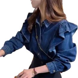 Women's Blouses & Shirts Ruffles Fashion Blouse Autumn Spring Long Sleeves Button Ladylike Elegant Sweet Female Tops Loose Shirt Denim Women