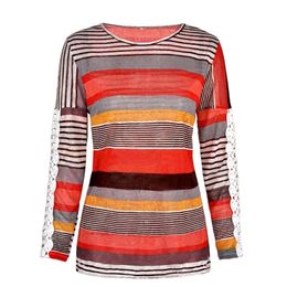 COONIS Women Casual Lace Spliced Long Sleeve Colorful Striped Shirt T-Shirt Top 220408