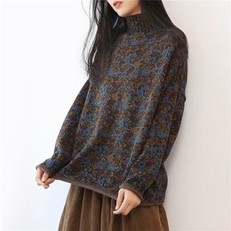 Johnature Women Vintage Turtleneck Sweaters Print Floral Autumn Long Sleeve Knitted Cotton Loose Women Korean Sweater 201221
