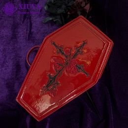 Xiuya Harajuku Gothic Bags Punk Coffin Handbags For Women Red Patent Leather Cross Rose Embroidered Cosmetic Bag Suitcase 220421