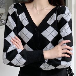 Women's Knits & Tees Women Cardigan Fashion Argyle Black Cropped Sweater Vintage Stylish Geometric Pattern Slim Tops V-Neck England Style Ou