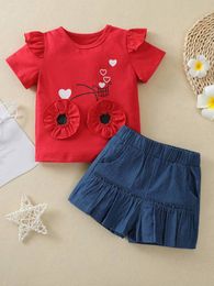 Toddler Girls Heart Print 3D Design Tee & Shorts SHE