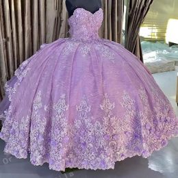 Luxury Lavender Lace Quinceanera Dresses With Handmade Flowers Sweetheart Sweep Train Floral Applique Beaded Back Skirt Strapless Sweet 16 Girls Prom Dress