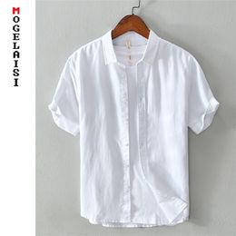 white shirt men summer short sleeve breathable linen cotton tops solid high quality man clothing Camisa masculina 566 220527