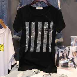 Women's T-Shirt 2022 Korean Summer Fashion Rhinestone Bling Loose Black Female Tops Y2k Women Harajuku Short Sleeve Streetwear