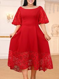 Plus Size Dresses Elegant Women Red Party Dress Lace Short Sleeve Hollow Out Patchwork A Line Off Shoulder Large Female Homecoming