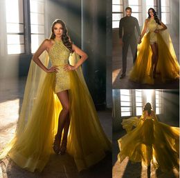 African Yellow Sexy Halter Mini Prom Dresses Sequins Beaded Ruffles Evening Gowns Backless Formal Party Dress