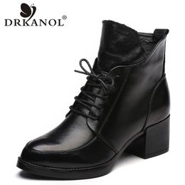 DRKANOL Genuine Leather Thick Heel Solid Black Winter Ankle Boots Motorcycle Botas Pointed Toe Warm Women Shoes Y200115 GAI GAI GAI