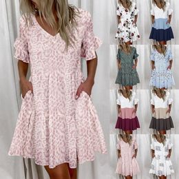 Women Casual Ruffle Loose V Neck Dress Summer Short Sleeve Floral Print Fashion Beach es Printed Pocket 220713