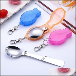 304 Stainless Steel Foldable Spoon Protable Cam Travel Tableware Folding Fork Tea Coffee Spoons Keychain Dinnerware Hha1041 Drop Delivery 20