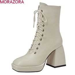 Morazora Neue echte Leder -Frauen Boots Stiefel klobige Plattformstiefel Dicke High Heels Square Toe Schnürmarke Winter -Knöchelstiefel 201102