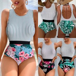 Women's Striped Leafy One Piece Swimsuit Fashion Female Lady Backless Swimwear Clothes Clothing