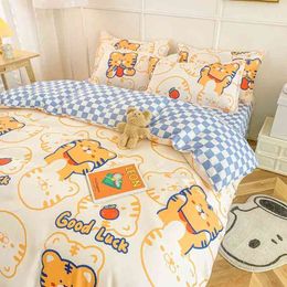 Cute Tiger Bedding Set with Checkerboard Girls Boys Single Queen Flat Sheet Duvet Cover Pillowcase Bed Linens Kids Home Textile