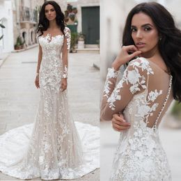 Newest Mermaid Wedding Dress O Neck Illusion Full Lace Appliques Sequined Bridal Gowns