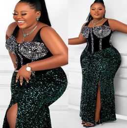 2022 Plus Size Arabic Aso Ebi Mermaid Dark Green Prom Dresses Spaghetti Sequined Lace Evening Formal Party Second Reception Birthday Engagement Bridesmaid Gowns