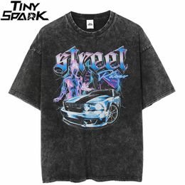 Hip Hop Streetwear Washed T Shirt Racing Car Printed T-Shirt Harajuku Cotton Casual Men Summer Short Sleeve Tshirt Black 220608