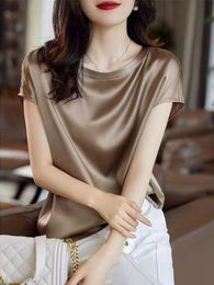 Silk Thin Short Sleeve Tees Korean Style Slip Woman Summer Clothes Elegant Black Brown Tops Solid Loose Casual 4xl