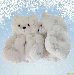 2022 Christmas Snowflake Teddy Bear for Slippers Women Plush Home Indoor Soft Anti-slip Faux Fur Cute Slipper Winter Warm Shoe G220730