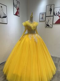 Bright Yellow Evening Party Dresses Custom Made Sexy V Neck Long Sleeve Sequins Appliques Lace Hollow Ruffles Sweep Length High Quality Prom Gowns Plus Size