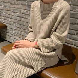 Women Autumn Knitted Long Sleeve Top Wide Leg Pants Set Casual Korean 2PC Lady O-Neck Sweater Suits Classic Solid Femme Outfits 220315