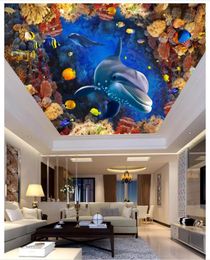 High quality custom 3D silk wallpaper Underwater World Aquarium Dolphin living room bedrom Ceiling Mural papel de parede