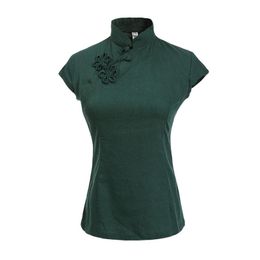 Women's Blouses & Shirts Sexy Green Solid Female Cotton Linen Short Sleeve Shirt Chinese Women's Mandarin Collar Blouse Novelty Button T