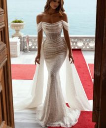 Shiny Sparkly Off-Shoulder Bohemian Lace Beach Mermaid Wedding Dress Pleats Court Train Short Sleeves Overskirt Bridal Gown Custom Made
