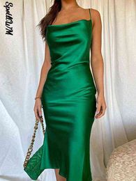 Women Chic Boho Satin Midi Dress Female Fashion Casual Elegant Solid Long Party Dress 2022 Summer Vintage Spaghetti Strap Dress T220816