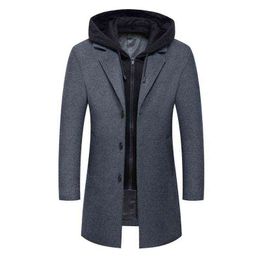 Winter Wool Coat Men Fashion Hooded Long Trench Business Casual Woollen Overcoats Single Breasted Jacket Men's & Blends T220810