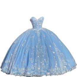 Bling Ivory Sequins Applique Prom Quinceanera Dresses Light Sky Blue Strapless Corset Backless Princess Formal Dress Evening Sweet286e