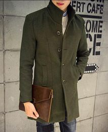 Korean Slim Fit Casual Mens Long Army Green Trench Coat 3xl Black Grey Navy Blue Wine Red Woolen