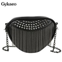 Punk Style Black Shoulder Bag Lady Fashion Chains Rivet Crossbody Bags for Women Small Tassel Messenger Female Clutch 220607