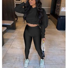 Women's Two Piece Pants Women Autumn Clothing Sexy Tracksuits Solid Set Sport Suit Casual Puff Sleeve Hoody Crop Top And Jogger Sets