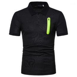 Men's Polos Short Sleeved Shirt Turn Down Collar Pullover T-Shirt With Zipper Pocket Casual Slim Type Solid Colour Patchwork Tops