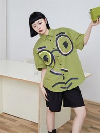 Women's Blouses & Shirts Graffiti Green Short Sleeve Shirt For Women 2022 Summer Top Korean Fashion Streetwear Button Up Collar Baggy ShirtW