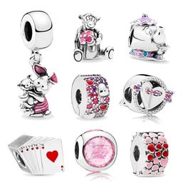 Fits Pandora Bracelets Silver Pink Cartoon Heart Playing Card Poker Beads Crystal Loose Beads Charms For Wholesale Diy European Necklace Jewelry Accessories