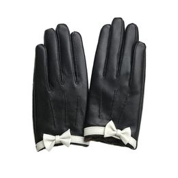 Five Fingers Gloves 2022 Fashion Women's Genuine Leather Black Grey Classic Bow Sheepskin Mittens Winter Thick/Thin Lining Warm
