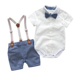 Pure Cotton Gentleman Baby Formal Suit Plain Romper and Bow Tie Shirts Suspender Newborn Boys Clothes