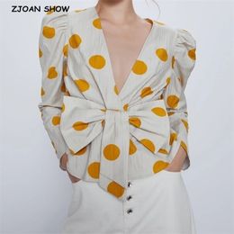New Women Retro Polka Dot Print Shirt French Deep V neck Tie Bow Front Long sleeve Blouse Back Elastic Waist Blusas Tops T200608