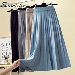 SURMIITRO Fashion Autumn Winter Knitted Midi Long Pleated Skirt Women Korean Style Blue Mid-Length High Waist Female 220317
