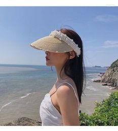 Women Hat Straw Visors For Wide Brim Roll Up UV Protection Beach Topless Pearl Sun Hats Floppy Foldable Elob22