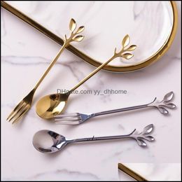 Coffee Scoops Coffeeware Kitchen Dining Bar Home Garden Creative 304 Stainless Steel Leaf Stirring Dessert Spoon Fruit Fork Pick Gold And