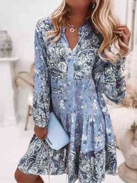 Spring Women Vintage Floral Print Flare Sleeve Dress Female Fashion V Neck Ruffle Boho Beach Dress 2022 Chic Oversized Robe T220818