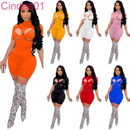 New Summer Clothes Women Mini Sexy Casual Jumpsuits Fashion Hollow Out Tight High Neck Short Sleeve Rompers Nightclubwear