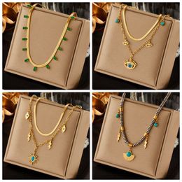316l Stainless Steel Green Stone Crystal Hip-Hop Multilayer Pendant Chain Necklace For Women Wedding Party Accessorie