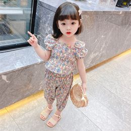 2pcs/set Children Clothes Floral Tshirt + Pants For Girls Casual Style Big Summer Kids Tracksuit 220507